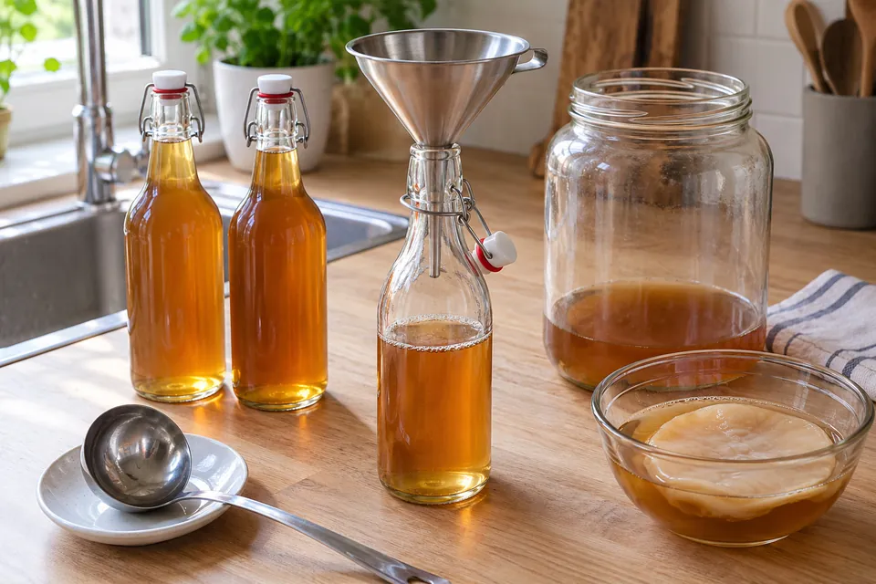 Mise en bouteille du kombucha : entonnoir en inox posé sur une bouteille à fermeture mécanique à moitié remplie, bocal de fermentation et mère dans un bol à côté