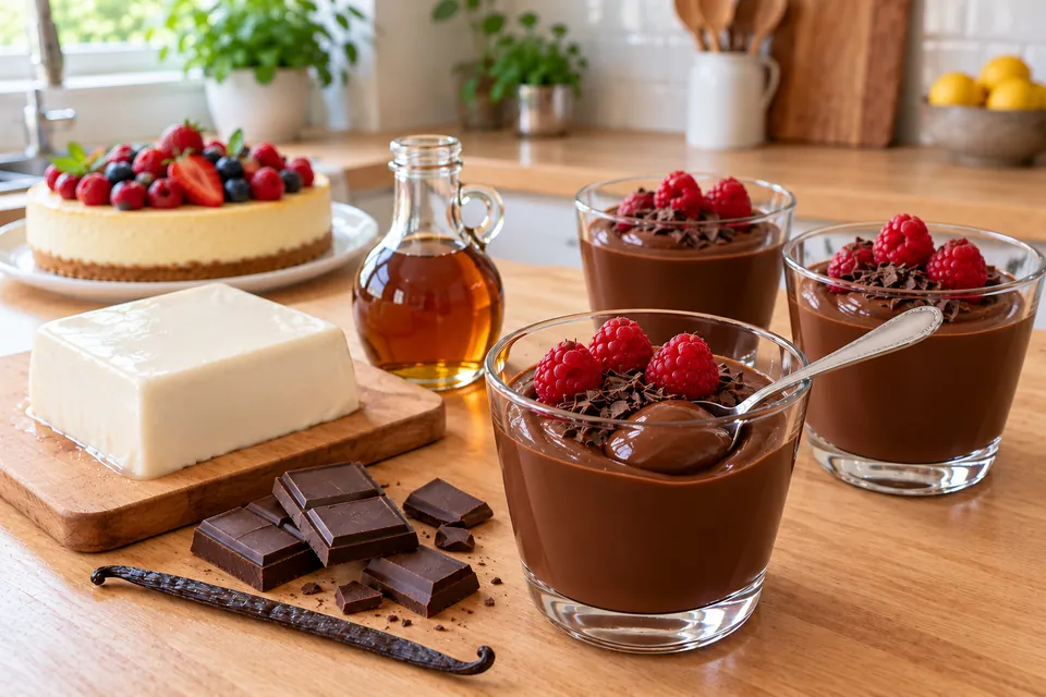 Mousse au chocolat au tofu soyeux dans des verrines, lisse et brillante, avec framboises, copeaux de chocolat noir et bloc de tofu soyeux à côté