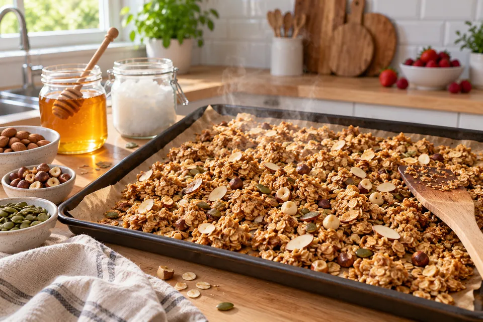 Muesli croustillant maison doré sur une plaque de four, en morceaux agglomérés, pot de miel et huile de coco à côté