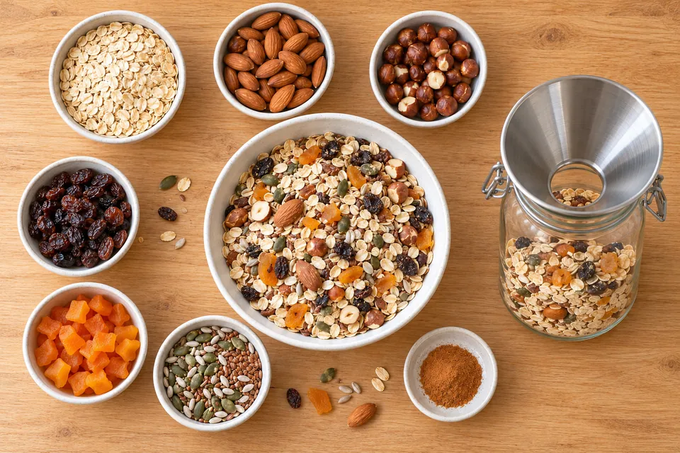 Ingrédients du muesli maison sans cuisson dans des bols : flocons d'avoine, amandes, noisettes, raisins secs, abricots coupés, graines, et le bocal de muesli mélangé