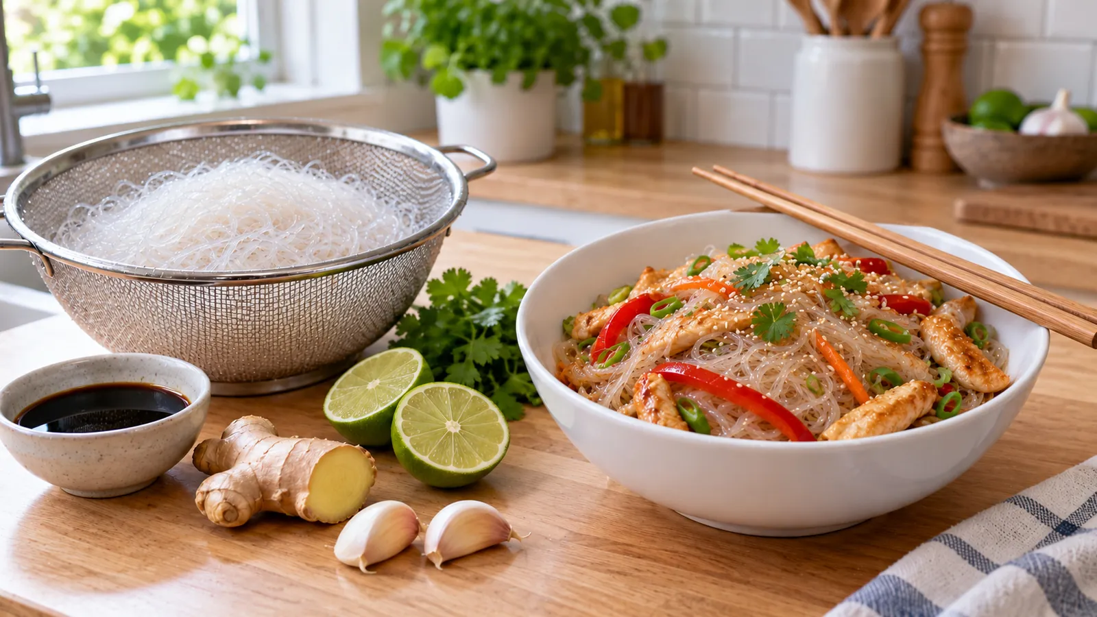 Nouille de konjac recette : bol de nouilles de konjac sautées au poulet et aux légumes, nouilles de konjac crues égouttées dans une passoire, sauce soja, gingembre et citron vert sur un plan de travail en bois