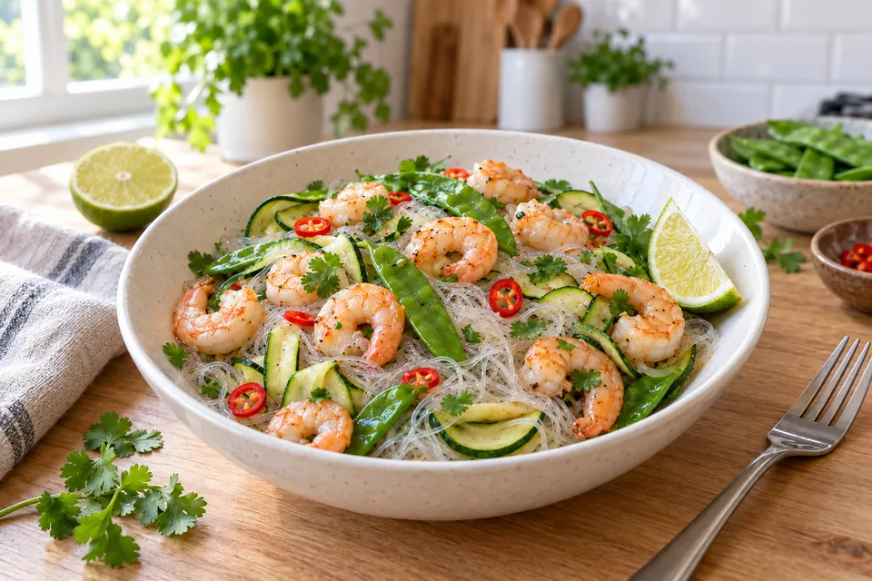 Nouilles de konjac aux crevettes, rubans de courgette, pois gourmands et citron vert dans une assiette creuse