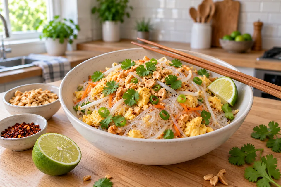 Nouilles de konjac à l'œuf brouillé façon pad thaï avec pousses de soja, cacahuètes et quartier de citron vert