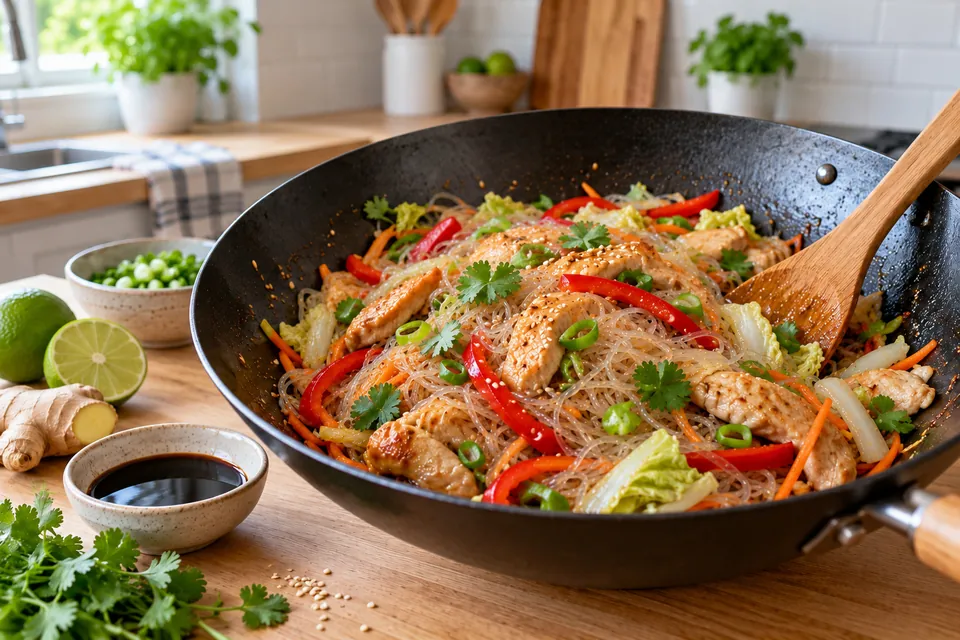 Nouilles de konjac sautées au poulet, carotte, poivron et oignons nouveaux dans un wok