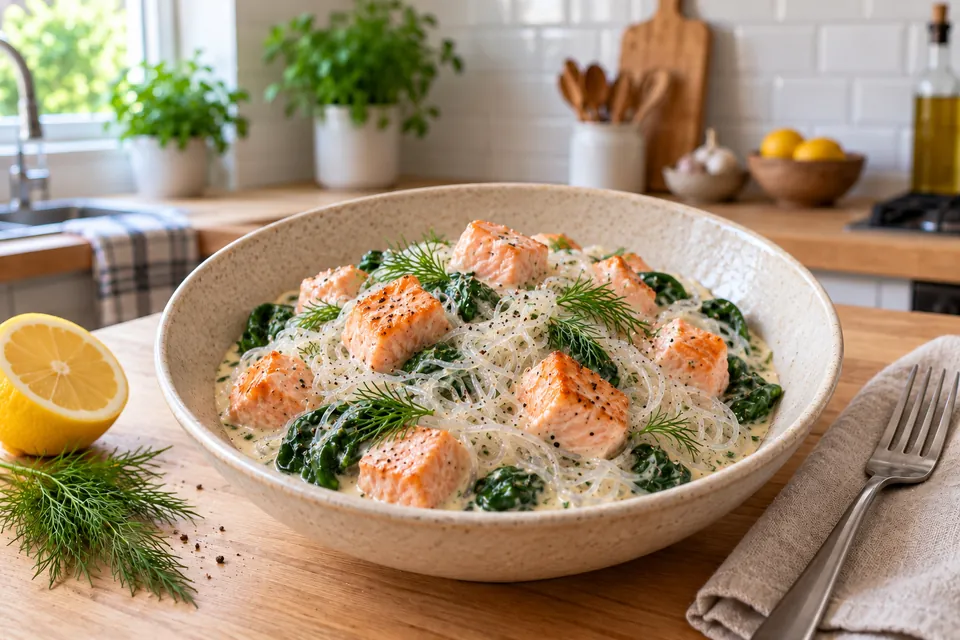 Nouilles de konjac au saumon en dés, pousses d'épinards et sauce crémeuse à l'aneth dans une assiette