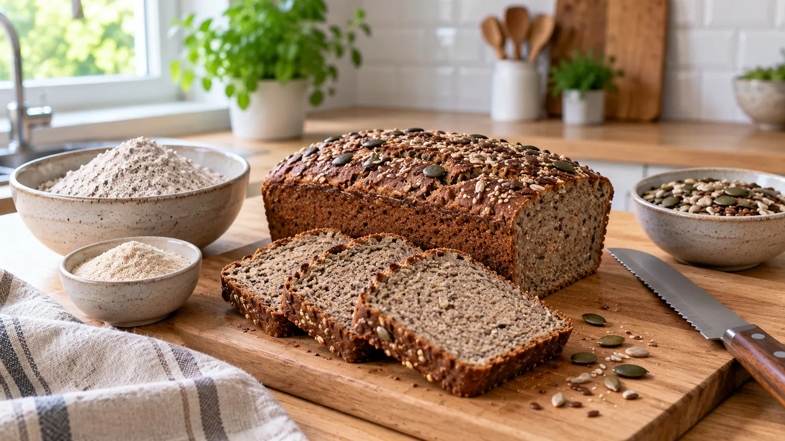 Pain au sarrasin recette : pain au sarrasin sans gluten tranché sur une planche, mie brune dense parsemée de graines, farine de sarrasin et graines à côté