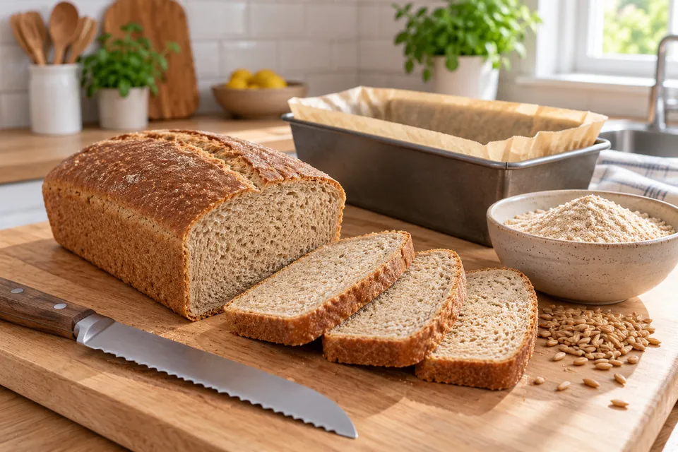 Pain au petit épeautre cuit en moule, croûte dorée, tranché sur une planche, mie beige serrée et moelleuse