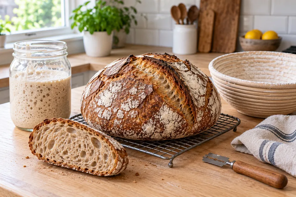 Pain au petit épeautre au levain naturel, boule à croûte craquelée et farinée, bocal de levain actif et banneton à côté