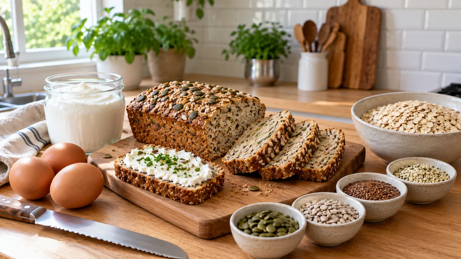 Pain protéiné recette : pain au skyr et flocons d'avoine tranché, croûte dorée parsemée de graines de courge, avec pot de skyr, œufs, bol de flocons et coupelles de graines sur un plan de travail en bois