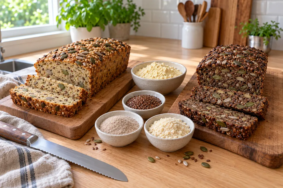Deux pains protéinés tranchés côte à côte, l'un sans gluten à la farine de pois chiche, l'autre sans farine aux graines de lin, avec coupelles de graines, psyllium et farine de pois chiche