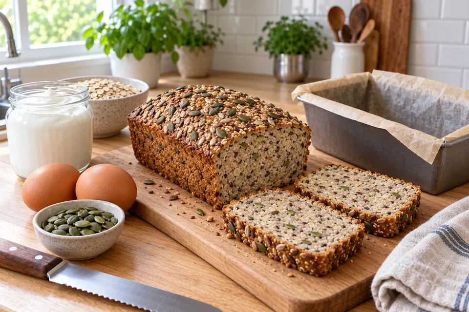 Pain protéiné au skyr et flocons d'avoine, doré, parsemé de graines de courge, tranché sur une planche, avec pot de skyr, œufs et bol de flocons à côté