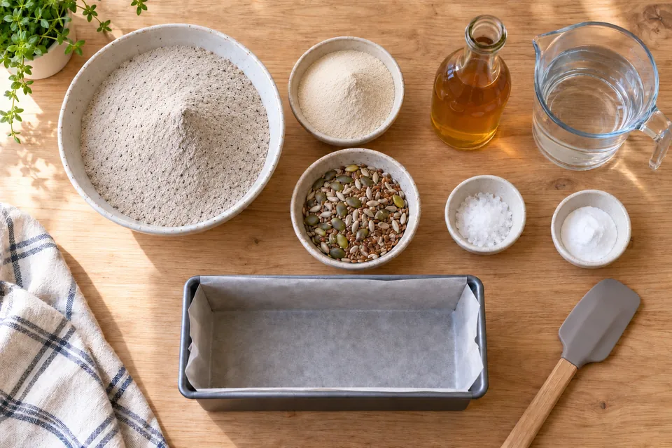 Ingrédients du pain au sarrasin sans gluten : farine de sarrasin grise, psyllium blond, graines, sel, bicarbonate, vinaigre de cidre et verre doseur d'eau