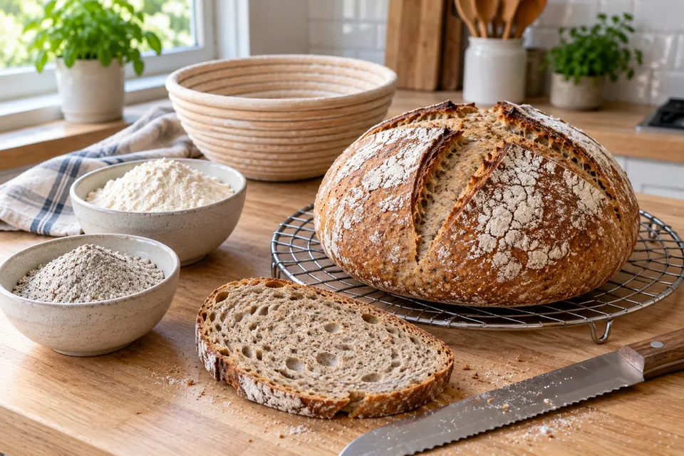 Boule de pain au sarrasin et farine de blé, croûte dorée et incisée, posée sur une grille avec une tranche coupée montrant la mie