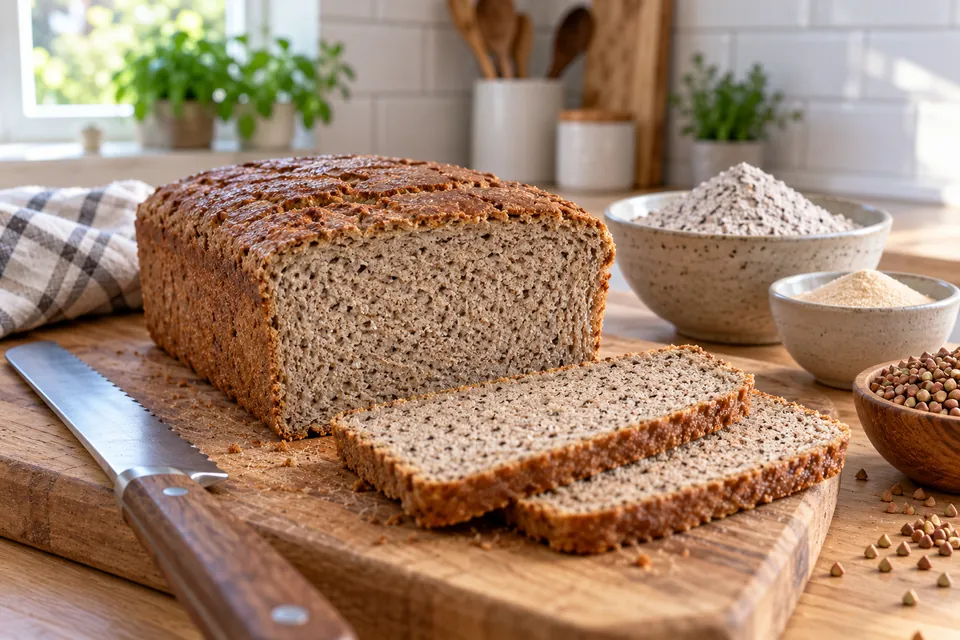 Pain au sarrasin moelleux tranché, mie brun clair aérée et souple, tranches posées sur une planche