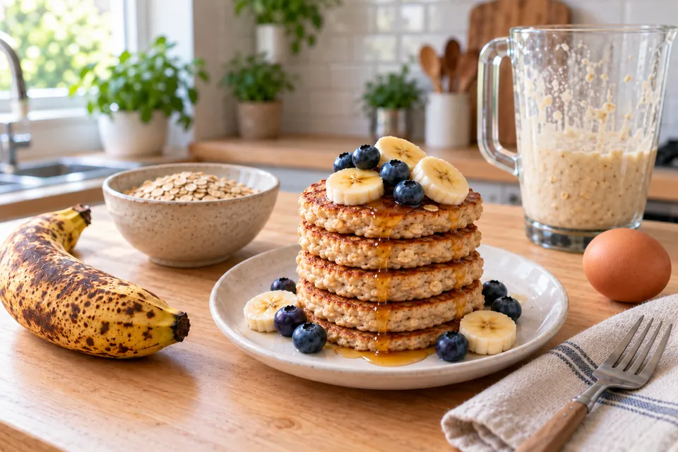 Pile de pancakes banane et flocons d'avoine dorés, garnis de rondelles de banane et de myrtilles, avec une banane tachetée, un bol de flocons et un œuf à côté