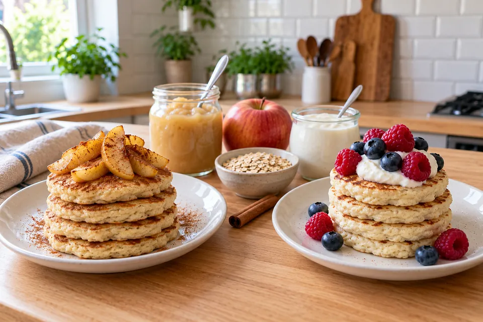 Deux assiettes de pancakes healthy, l'une à la compote de pomme avec des quartiers de pomme et de la cannelle, l'autre au fromage blanc avec des fruits rouges, pot de compote et de fromage blanc à côté
