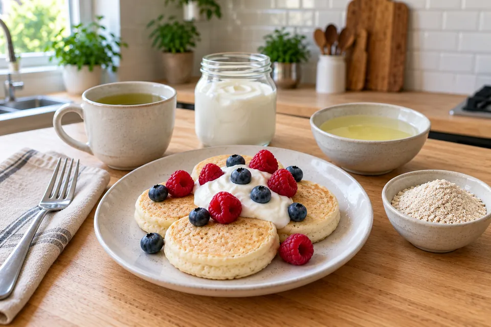 Pancakes protéinés légers aux blancs d'œufs et au skyr, garnis de fruits rouges et d'une cuillère de skyr, bol de blancs d'œufs et son d'avoine à côté