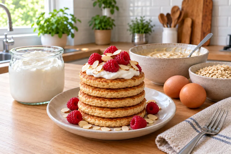 Pile de pancakes protéinés au skyr et aux flocons d'avoine, garnis de skyr, framboises et amandes, pot de skyr, œufs et bol de flocons à côté