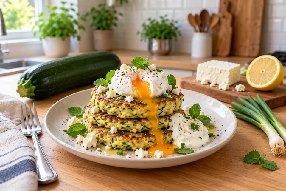 Pancakes salés à la courgette et à la feta empilés, avec un œuf poché, du yaourt au citron et de la menthe fraîche