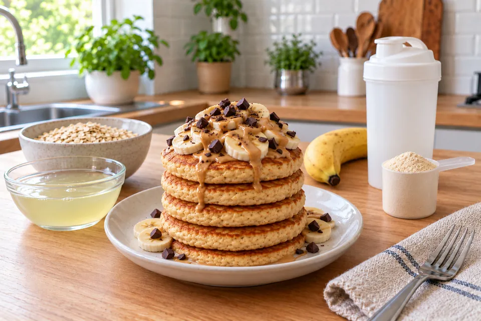 Pancakes protéinés à la whey et à la banane empilés avec du beurre de cacahuète et des rondelles de banane, dosette de protéine en poudre et shaker à côté
