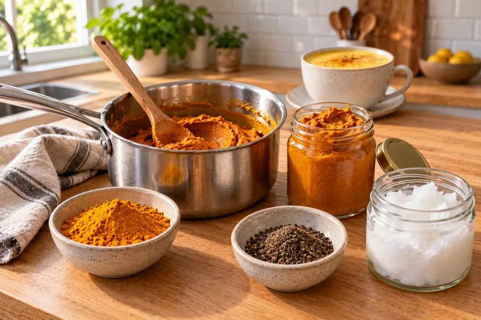 Pâte de curcuma pour le lait d'or dans une petite casserole et en bocal, avec curcuma en poudre, poivre noir et huile de coco