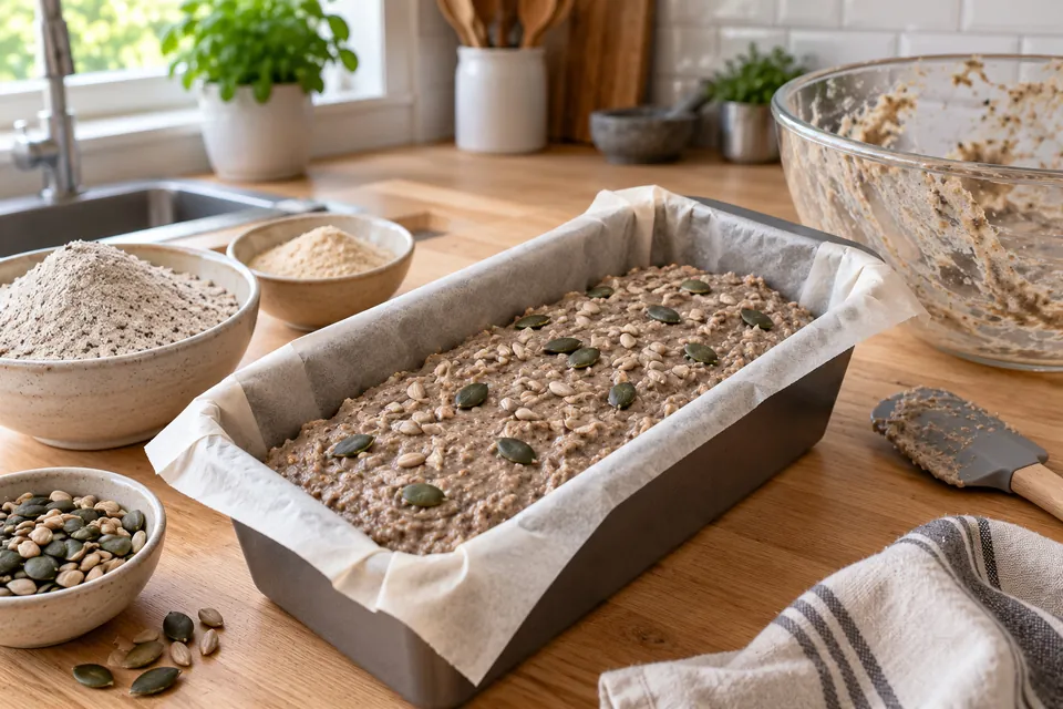 Pâte de pain au sarrasin épaisse versée dans un moule à cake chemisé, lissée et parsemée de graines, spatule à côté