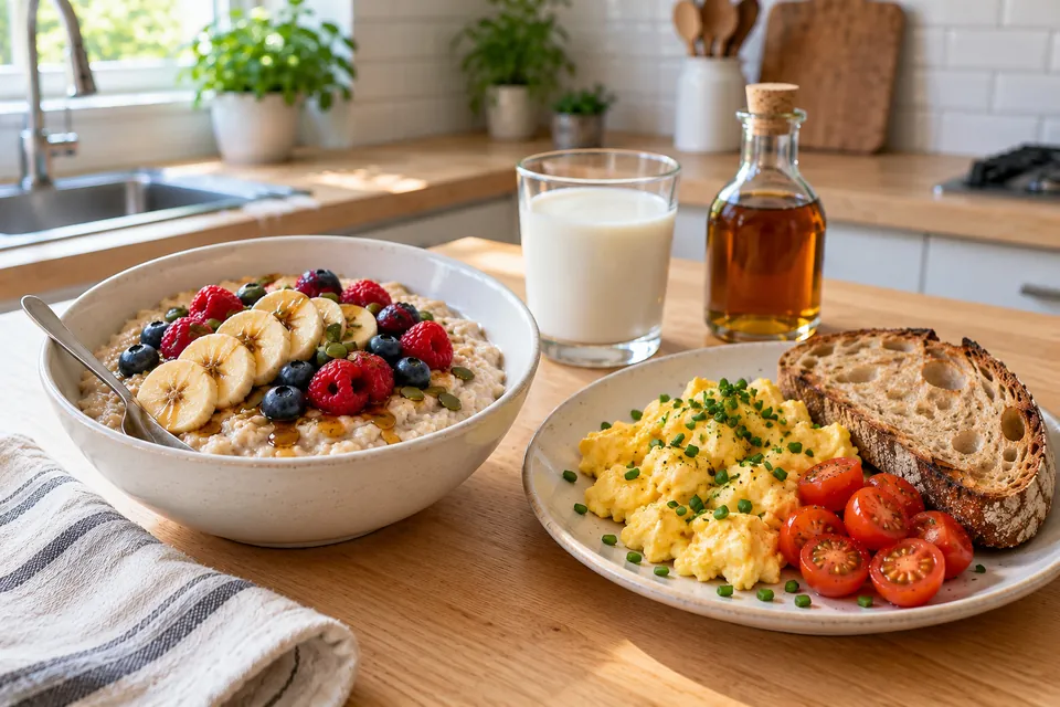 Petit-déjeuner pauvre en FODMAP : bol de porridge d'avoine à la banane et aux fruits rouges, œufs brouillés à la ciboulette et tranche de pain au levain