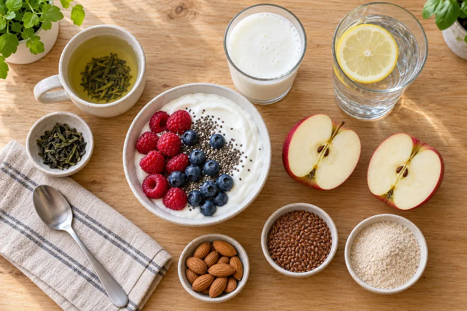 Table de petit-déjeuner pour maigrir du ventre : bol de skyr aux fruits rouges et chia, verre de kéfir, tasse de thé vert, grand verre d'eau citronnée, pomme et graines de lin