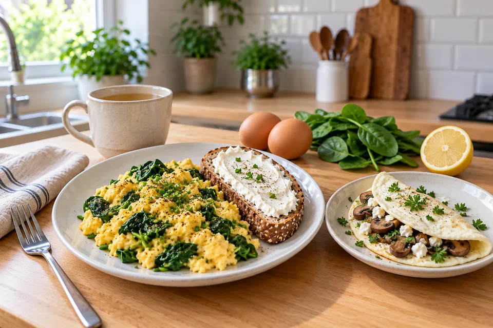 Petit-déjeuner protéiné pour maigrir : œufs brouillés aux épinards avec une tranche de pain complet au fromage frais, omelette blanche aux champignons et feta à côté