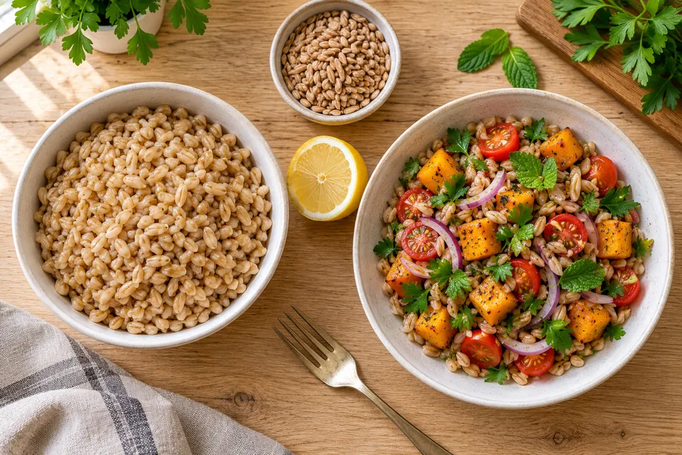 Bol de petit épeautre cuit, grains dorés et brillants, à côté d'une salade de petit épeautre aux légumes rôtis et aux herbes