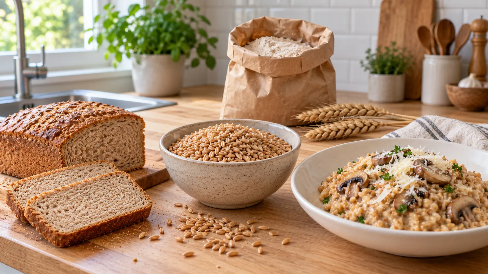 Petit épeautre recette : bol de grains de petit épeautre crus, pain au petit épeautre tranché et assiette de risotto d'épeautre sur un plan de travail en bois