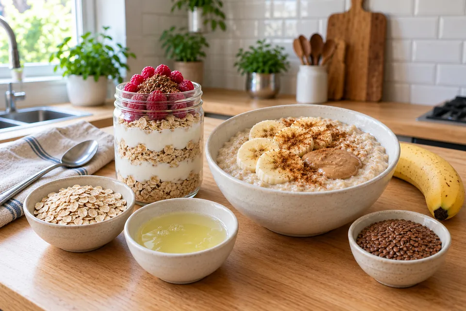 Porridge protéiné aux flocons d'avoine et blancs d'œufs à la banane et cannelle, et bocal d'overnight oats au skyr et framboises