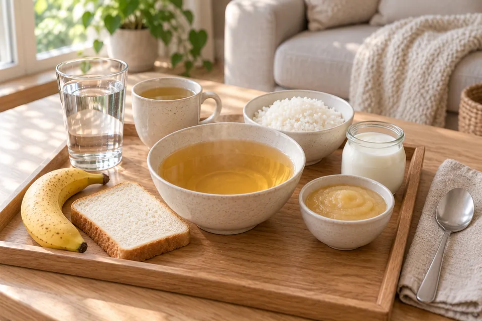 Premier repas léger après une coloscopie : bol de bouillon clair, bol de riz blanc, yaourt nature, compote de pomme, banane et grand verre d'eau