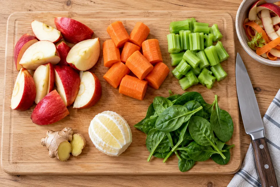 Planche à découper avec pommes en quartiers, carottes en tronçons, céleri coupé court, gingembre et demi-citron, prêts pour l'extracteur de jus