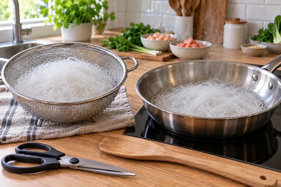 Nouilles de konjac égouttées dans une passoire fine et séchées dans une poêle chaude sans huile