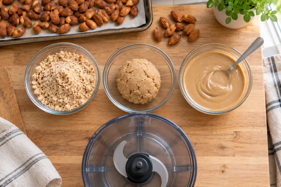 Les trois étapes du mixage des amandes dans trois bols : poudre grossière, pâte compacte, purée d'amande lisse et brillante