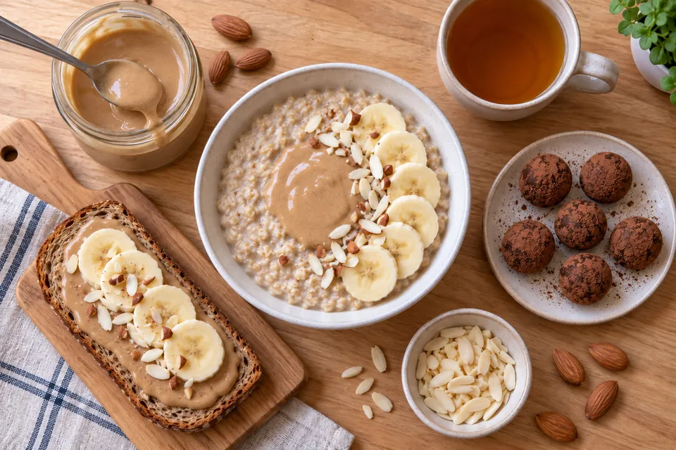 Bol de porridge nappé de purée d'amande et de banane, assiette de boules d'énergie au cacao, tartine à la purée d'amande