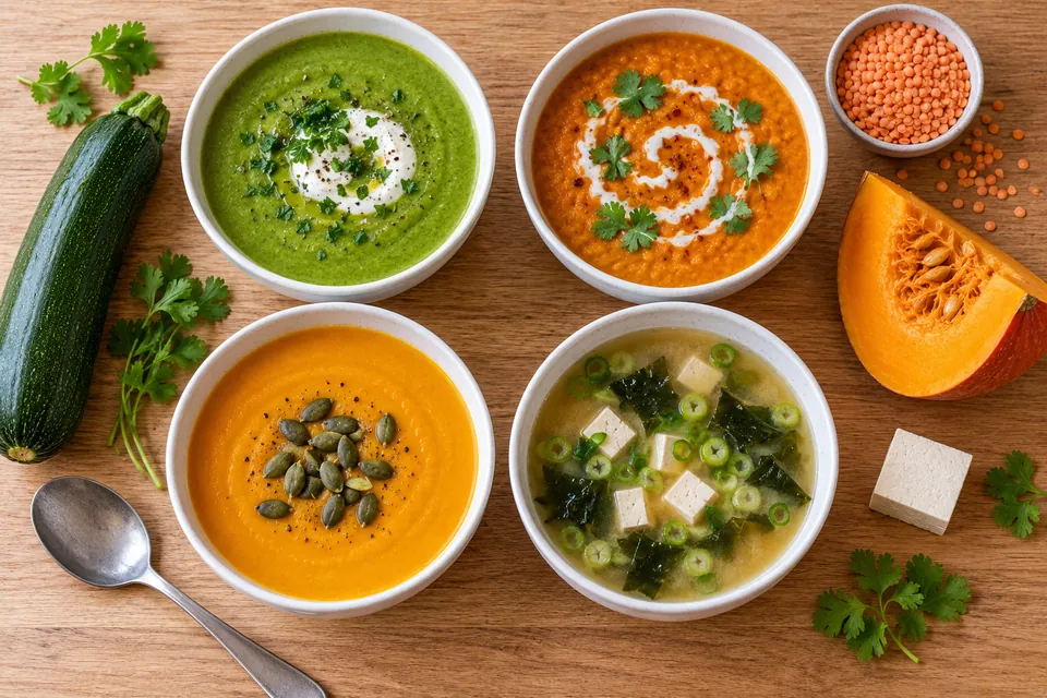 Quatre bols de soupes minceur vus de dessus : soupe de légumes verts, soupe de lentilles corail, velouté de potiron et soupe miso au tofu