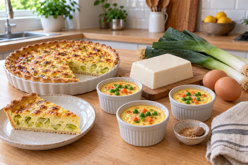 Quiche aux poireaux au tofu soyeux, dorée, une part coupée montrant l'appareil crémeux, petits flans salés aux légumes en ramequins à côté