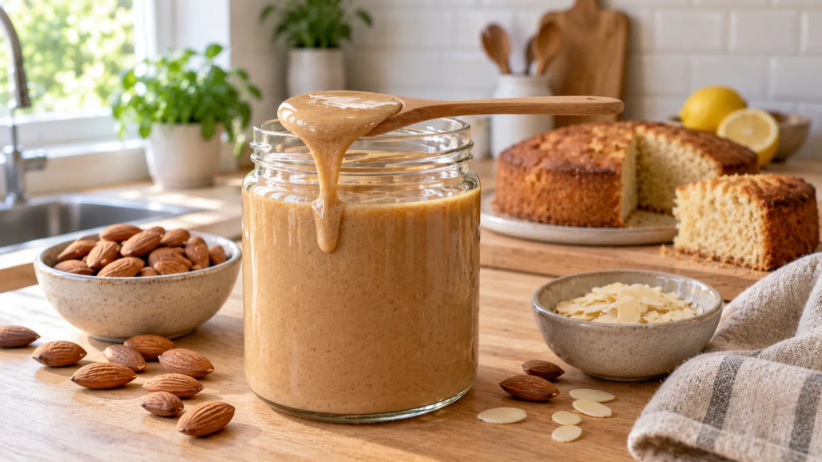 Recette avec purée d'amande : pot en verre de purée d'amande complète ouvert, cuillère nappée, amandes entières et gâteau moelleux à la purée d'amande en arrière-plan