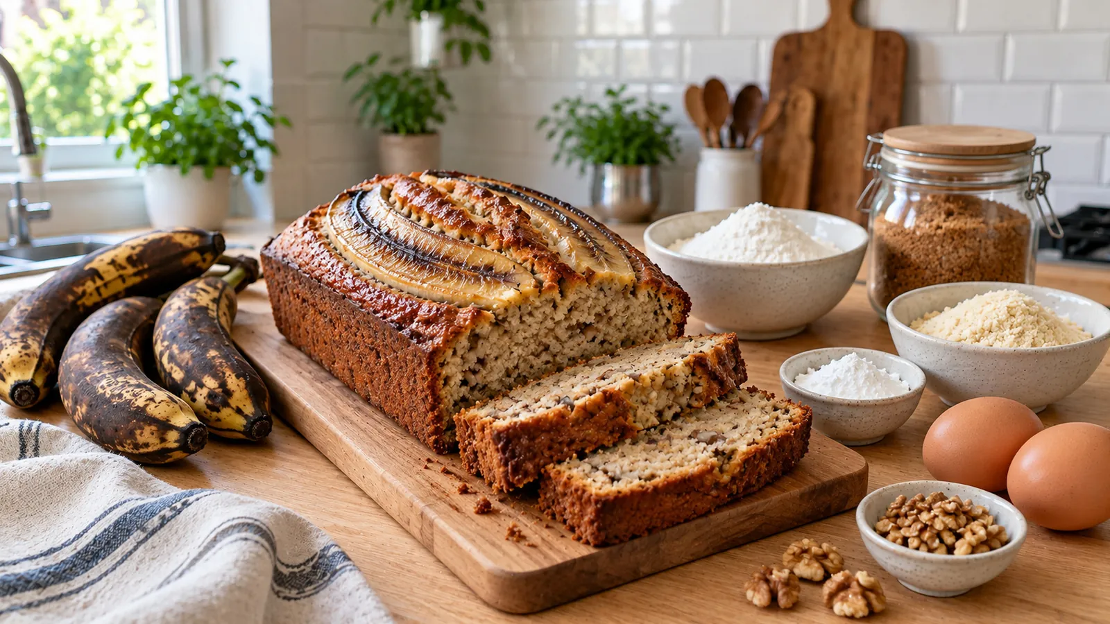 Recette banana bread sans gluten : cake doré décoré d'une banane fendue sur le dessus, tranché montrant une mie moelleuse aux noix, bananes très mûres, bols de farine de riz et poudre d'amande sur un plan de travail en bois