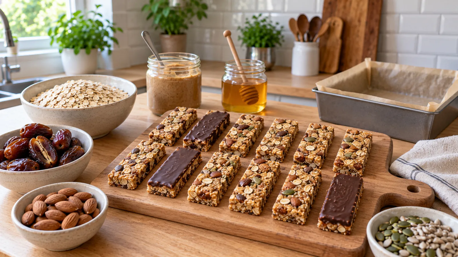 Recette barre de céréales healthy : barres aux flocons d'avoine, dattes et amandes coupées sur une planche, certaines nappées de chocolat noir, avec bols de flocons, dattes, amandes, graines et pot de purée d'amande sur un plan de travail en bois
