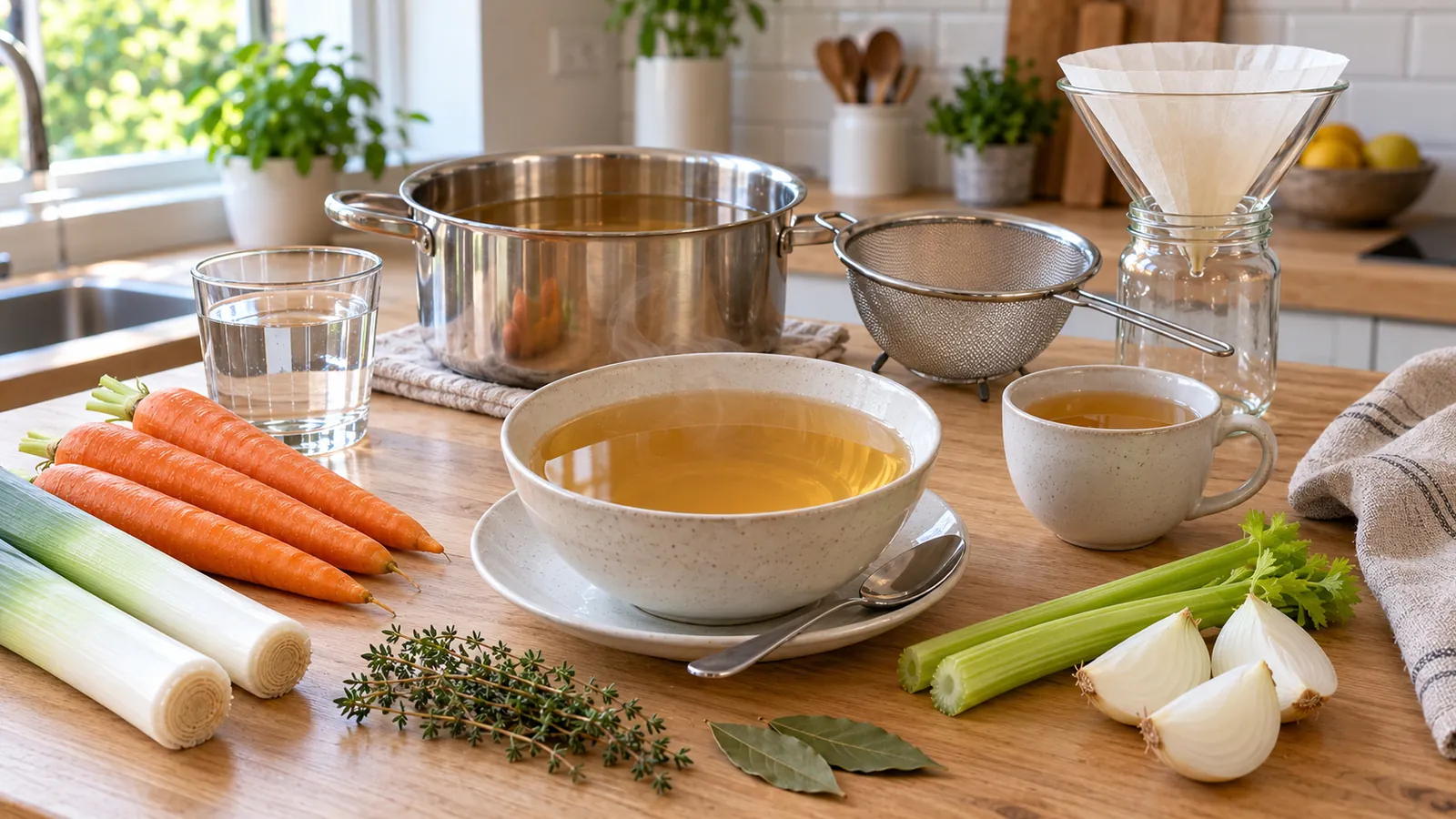 Recette bouillon clair pour coloscopie : bol de bouillon transparent ambré fumant, casserole de bouillon, carottes, blancs de poireau, céleri, laurier, passoire fine et filtre à café sur un plan de travail en bois