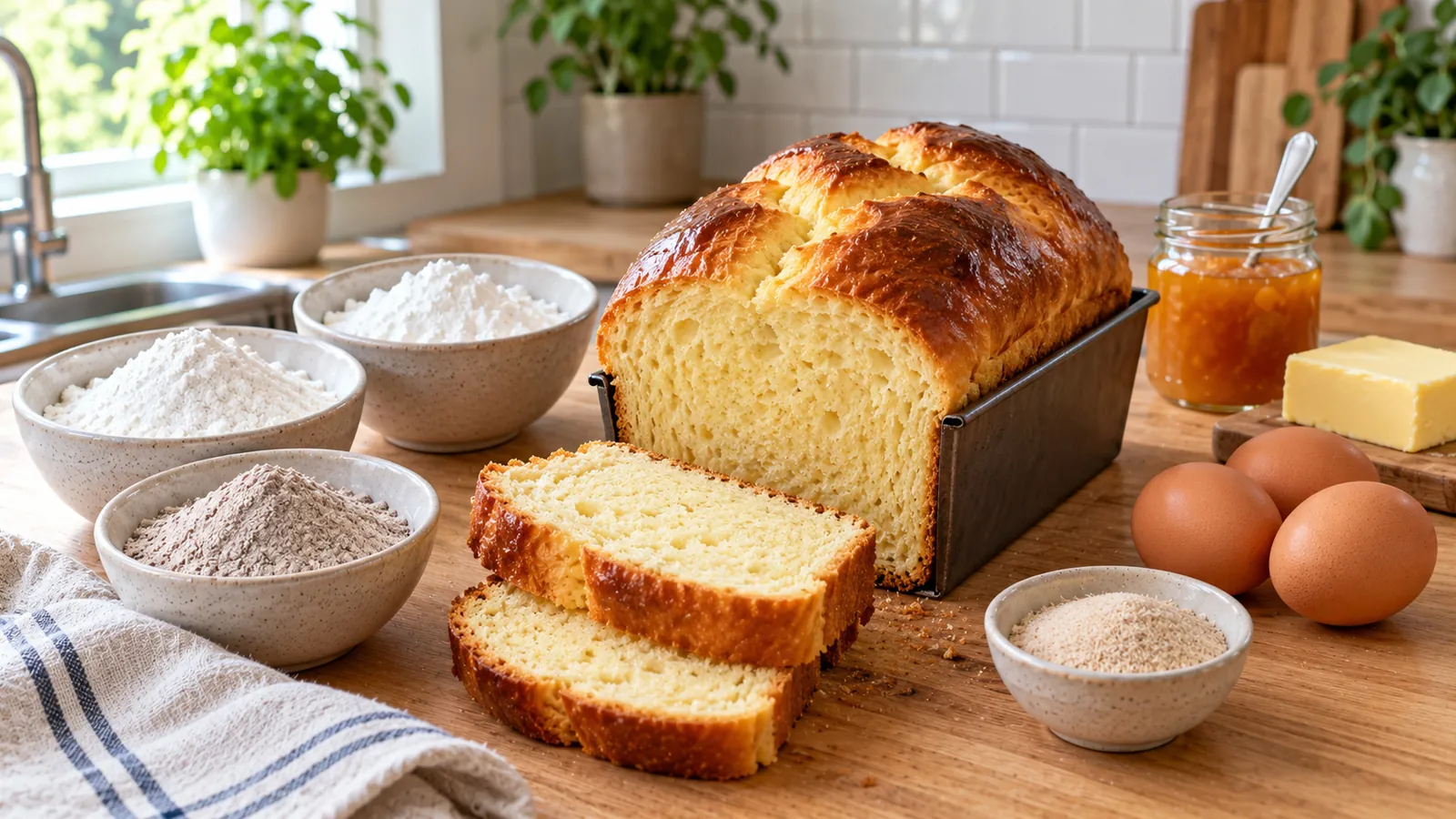 Recette brioche sans gluten : brioche dorée tranchée montrant une mie moelleuse, avec bols de farine de riz, fécule, sarrasin, psyllium, œufs et beurre sur un plan de travail en bois
