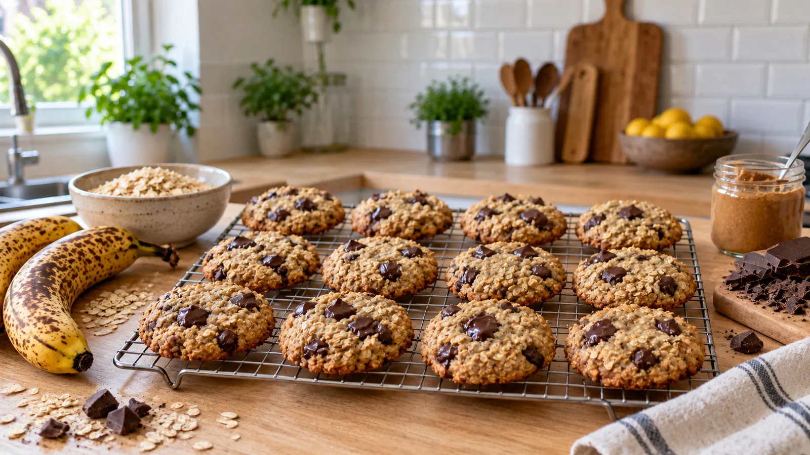 Recette cookies flocon d'avoine banane : cookies moelleux aux pépites de chocolat sur une grille, bananes mûres et bol de flocons d'avoine à côté