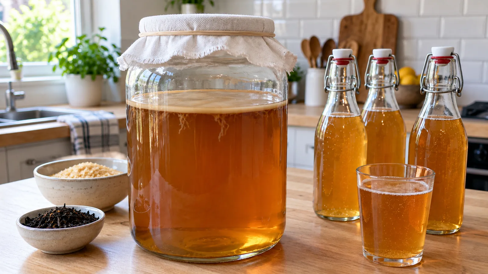Recette kombucha maison : grand bocal de thé fermenté avec sa mère en surface, couvert d’un linge, et bouteilles de kombucha prêtes à boire