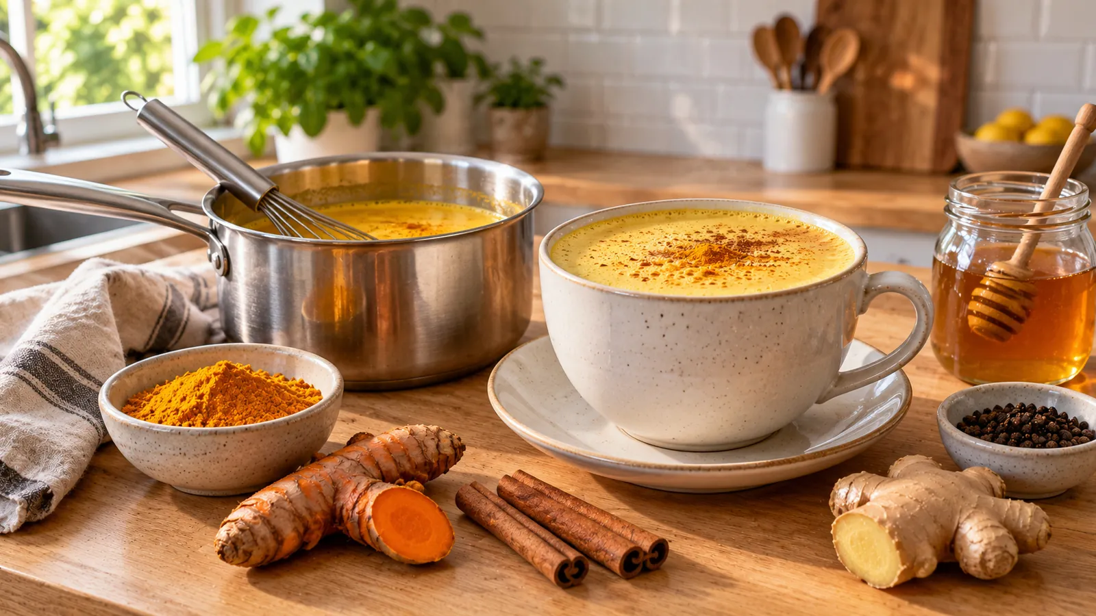 Recette lait d'or : tasse de lait d'or orange doré et mousseux, rhizomes de curcuma frais, curcuma en poudre, bâtons de cannelle, gingembre et poivre noir sur un plan de travail en bois