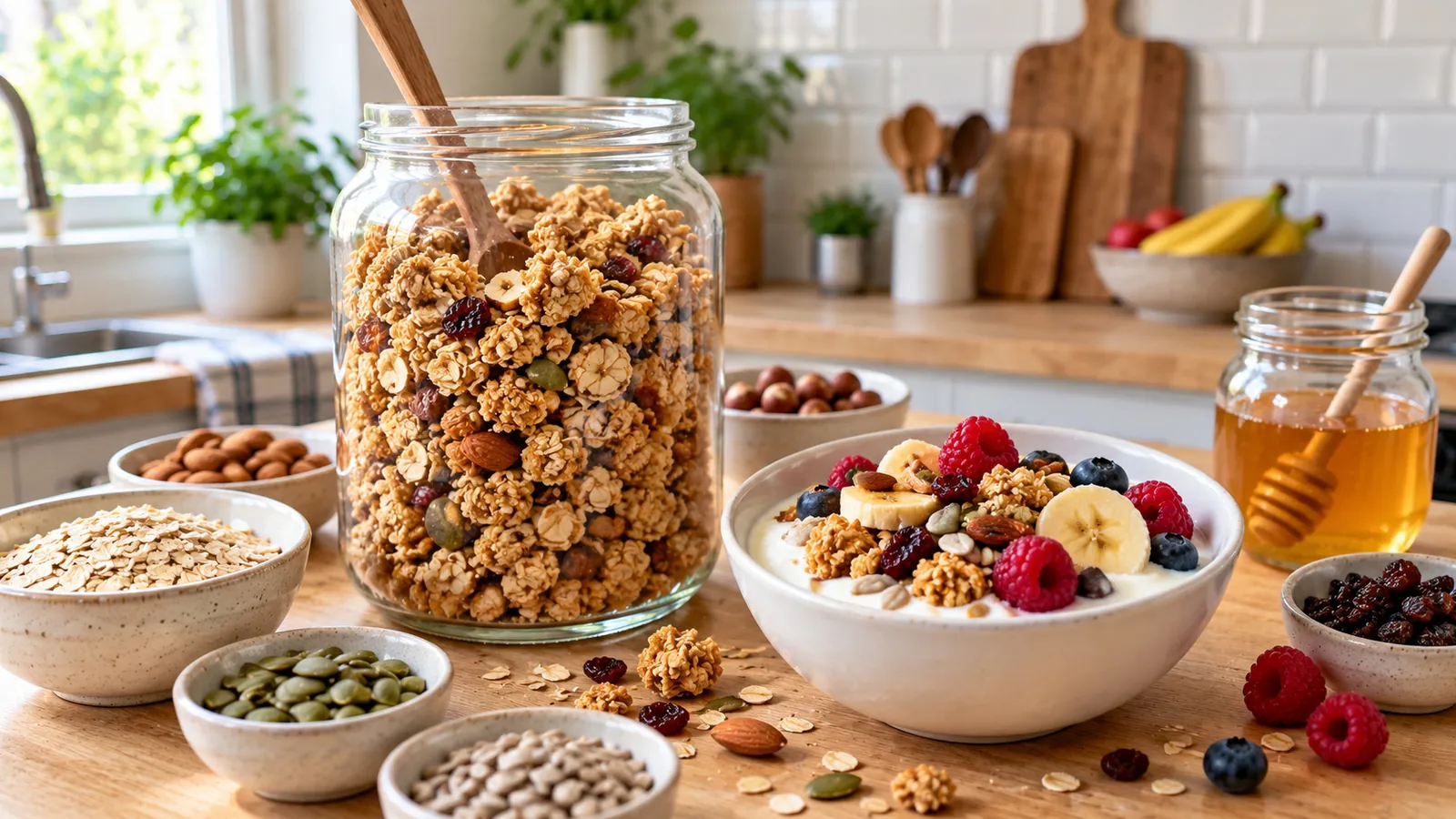 Recette muesli maison : grand bocal de muesli croustillant, bol de muesli au yaourt et aux fruits rouges, flocons d'avoine, amandes et miel sur un plan de travail en bois