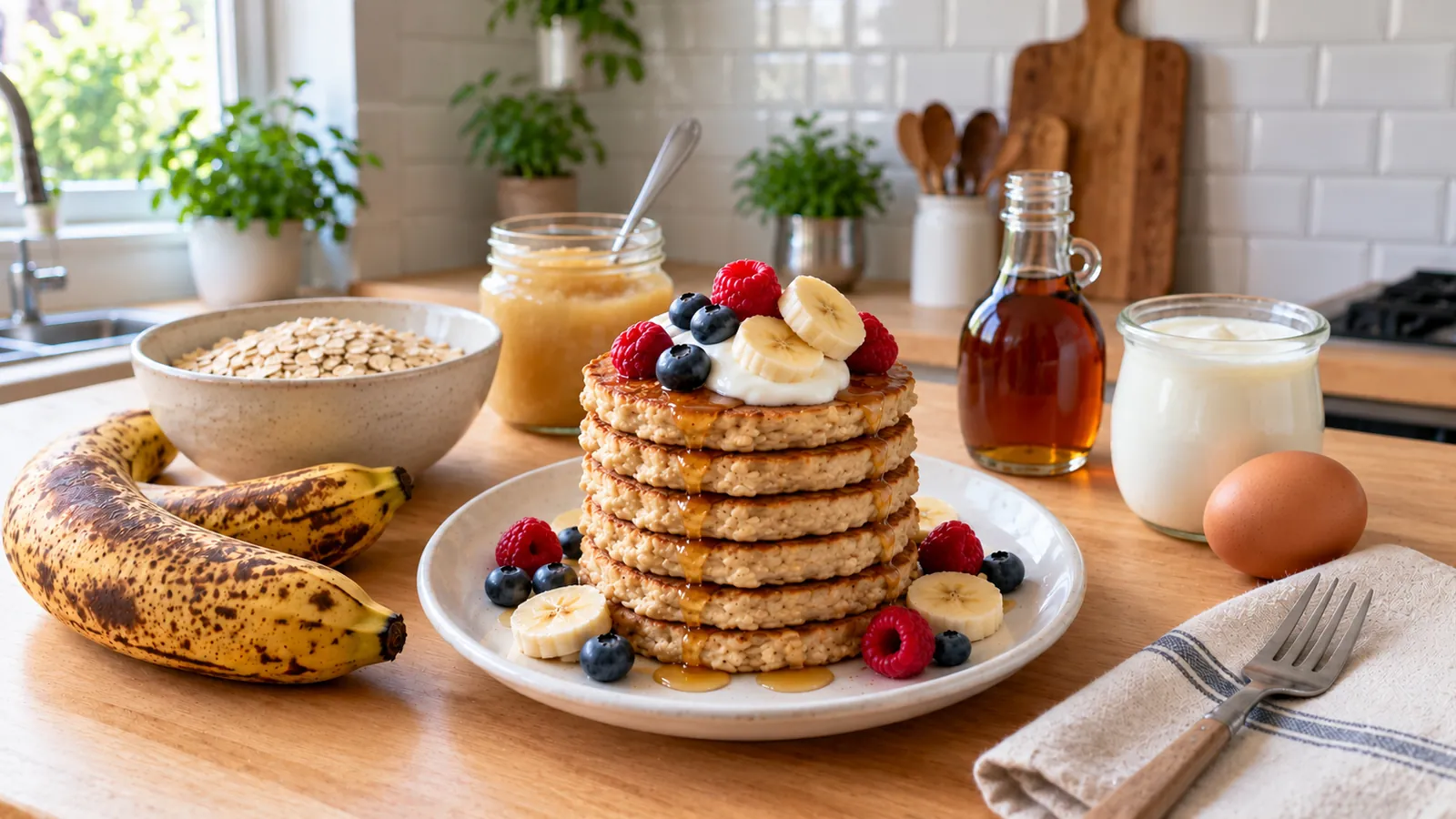 Recette pancakes healthy : pile de pancakes banane et avoine dorés garnis de fruits rouges et de yaourt, bananes mûres, bol de flocons d'avoine, compote et fromage blanc sur un plan de travail en bois