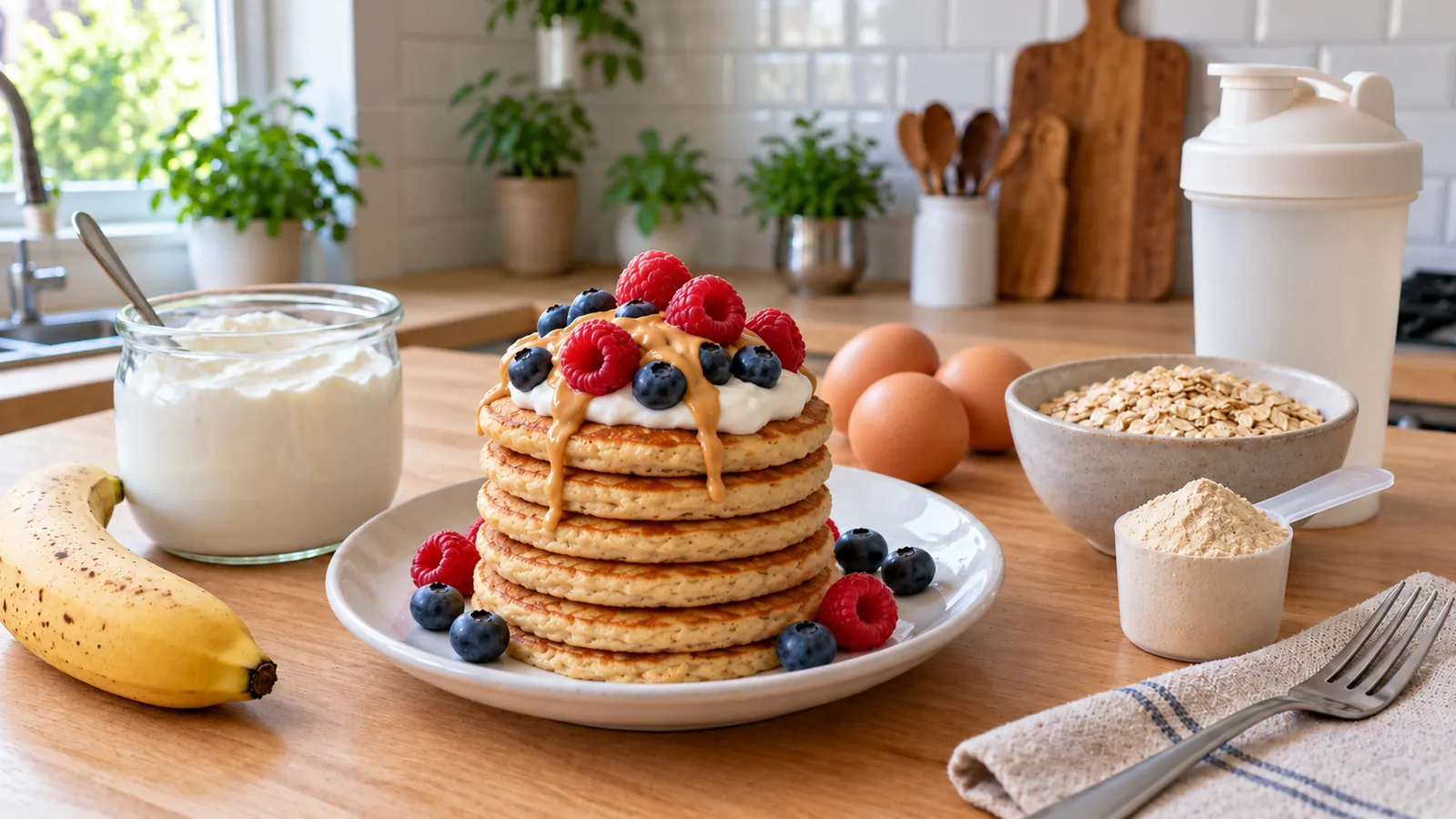 Recette pancakes protéinés : pile de pancakes dorés au skyr et à l'avoine garnis de skyr, framboises et beurre de cacahuète, pot de skyr, œufs, flocons d'avoine, dosette de protéine en poudre et shaker sur un plan de travail en bois